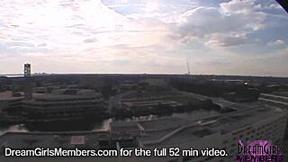 Two hot coeds with natural tits riding around florida town flashing their shaved pussies