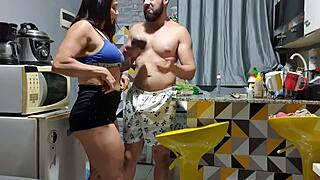 neighbor's virgin pussy rides hard in kitchen