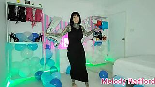 Melody Radford tries on sheer pink and blue micro bikini, showcasing her mature, skinny, tattooed body as a petite Australian amateur pornstar.