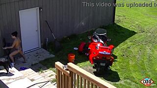 Watch Cleo mount that tractor and dildo for an intense outdoor orgasm!