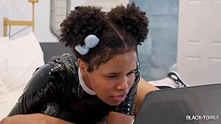 Ebony transsexual Cloudy Vi in latex lingerie masturbates solo, being so naughty