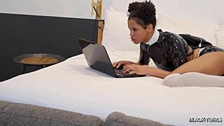 Ebony transsexual Cloudy Vi in latex lingerie masturbates solo, being so naughty