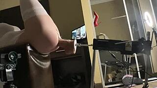 Shemale in tight bodysuit drilled by massive dildo