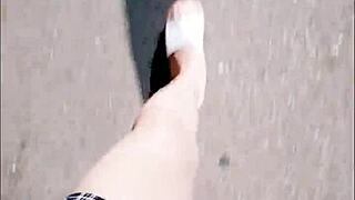 Hey, wanna see this Asian ladyboy stroking outdoors and cumming on her legs in a sexy skirt?