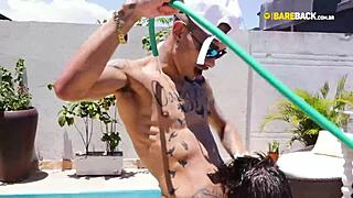 Outdoor encounter with tattooed guy at pool
