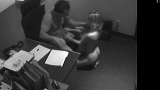 Blonde secretary assists boss at work with handjob