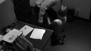 Blonde secretary assists boss at work with handjob