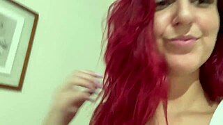 shared bathroom in the dorm, redhead with natural tits giving a handjob