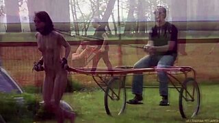 The slave with dental gag experiences extreme rough orgasm while bound