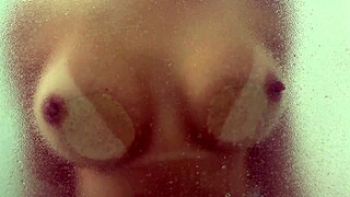 shared bathroom in the dorm, redhead with natural tits giving a handjob