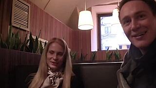 sexy college teacher strips naked in stockings for money, blowjob from group pickup reality scene 1