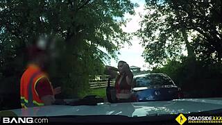 Cheating brunette girlfriend sucks mechanic's cock outdoors by the car.