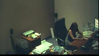 Office Brunette Fingers Pussy Secretly