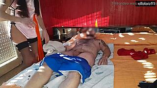 Hidden camera captures young Asian girl getting fingered and face sat in massage parlor.