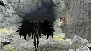 Exploring the dark angel fashion in Fallout 4 with a sexy twist.