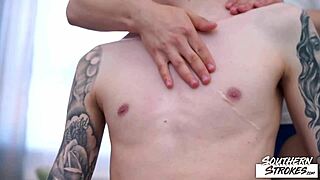 daniel star gives russell kern a sensual massage in this blond gay twink scene with tattoos and skinny bodies