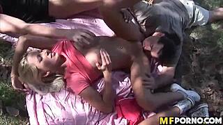 Intense outdoor gangbang orgy with Maddy, Regina Moon, Tarra White, Victoria Rush in hardcore action.