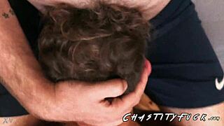 Guy in chastity deepthroats partner in gay scene.