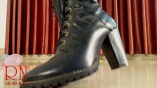 High heels boots pop small balloons in femdom domination close up