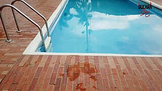 Colombian whore masturbates by boss's pool