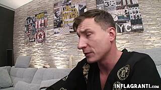 Babe in stockings gives handjob then rides big cock on sofa.