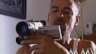 Retro bitch sucks hairy cock for facial cumshot