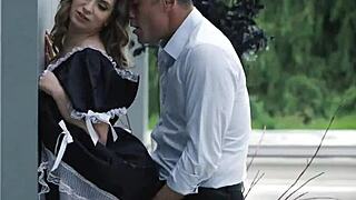 Stockings tease while brunette gets anally banged