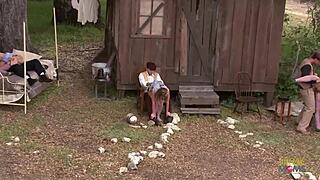 villagers partying with bisexual blonde and brunette milfs in anal group sex fun