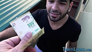 A Latino bear performs a blowjob on a twink in a 3some, ending with cum in mouth from pov