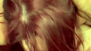 Chubby white girl gives long blowjob to fat guy in detailed action.