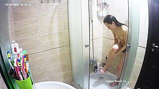 real beauty babe in the shower, shaving and brushing teeth, nude and alone