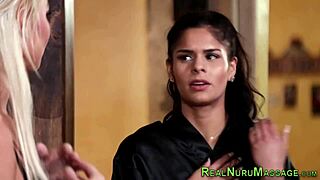 Slender nuru masseuse lesbian eats out pussy! 😋