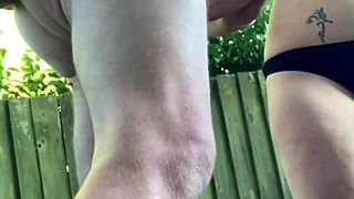 Naughty neighbors giving outdoor handjob with huge cumshot