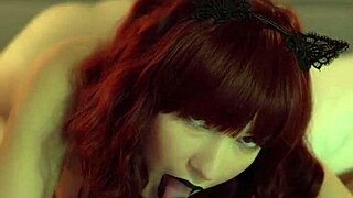 Hey, this goth redhead rides a cock cowgirl style and gets cum on her tits!