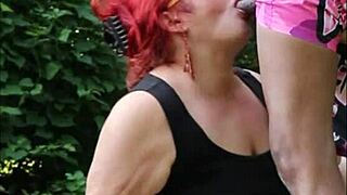 Fat BBW milf Liz gets fucked with big black cock on rock by creek