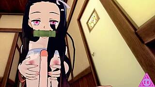 In Koikatsu, Tanjiro and Nezuko from Demon Slayer have hentai sex with blowjob and cumshot.