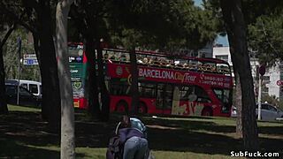 Petite Spanish slave walks bound in public