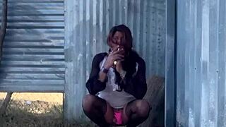 staci in heels and fishnets takes a piss outdoors