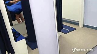 hot sporty twink gets handjob in public fitting room