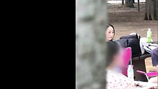 Asian beauty gives blowjob in outdoor sex