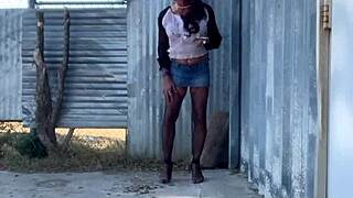 staci in heels and fishnets takes a piss outdoors