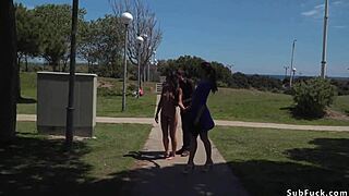 Petite Spanish slave walks bound in public