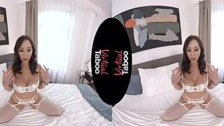 Brunette babe in virtual taboo world shows big tits and shaved pussy.