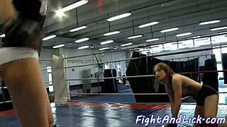 after the wrestling match, these teen lesbians scissor their pussies wildly.