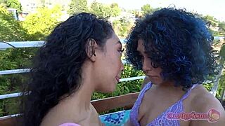 Two hot Latinas eat each other outside.