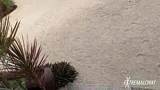 Twink sex on the public beach bungalow!