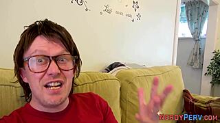 Geek Sprays Cum On Babe's Face!