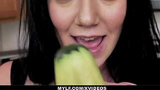 Megan Maiden seductively undresses in the kitchen, rubbing her clit during striptease instructions.