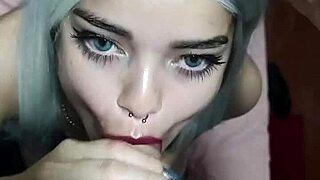 Blonde smears lipstick during deep blowjob