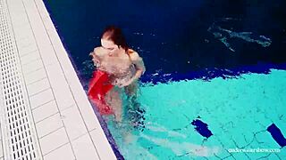 Cute babe swimming in red sexy open dress 😍